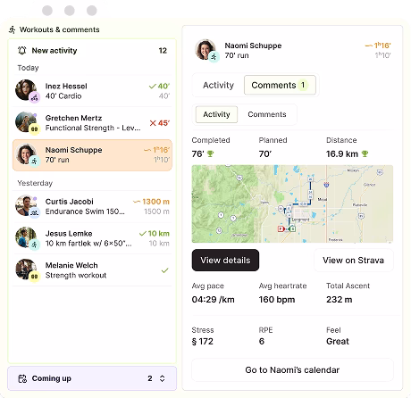 Leaving feedback on an athlete's workout in the EndoGusto roster view