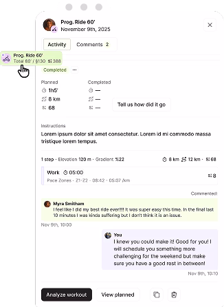 Workout comment detail on a single session in EndoGusto