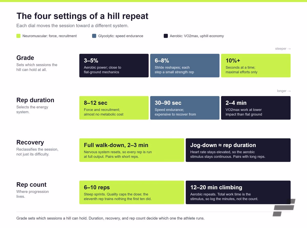 Diagram of the four hill repeat workout variables showing grade, rep duration, recovery, and rep count ranges