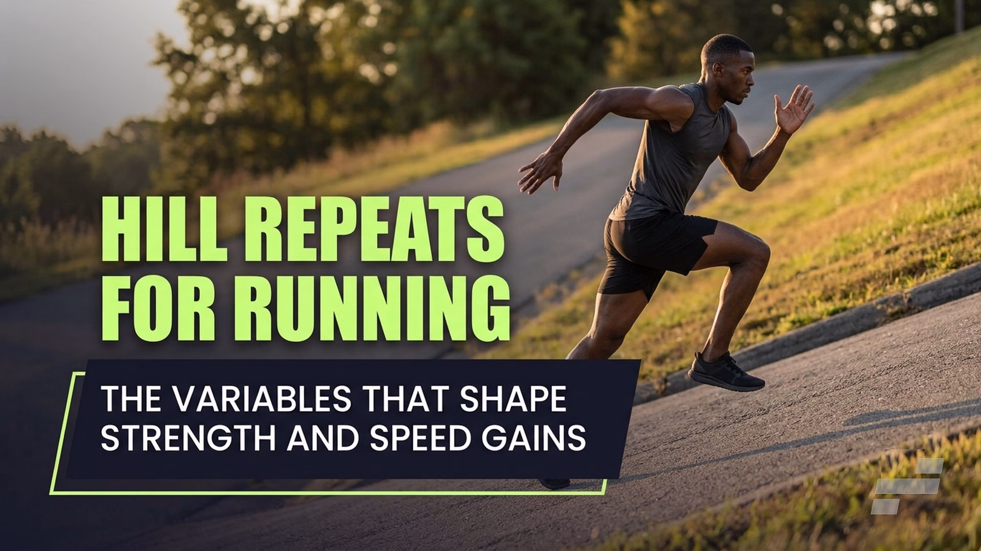 Runner climbing a steep road with hill repeats running article title overlaid