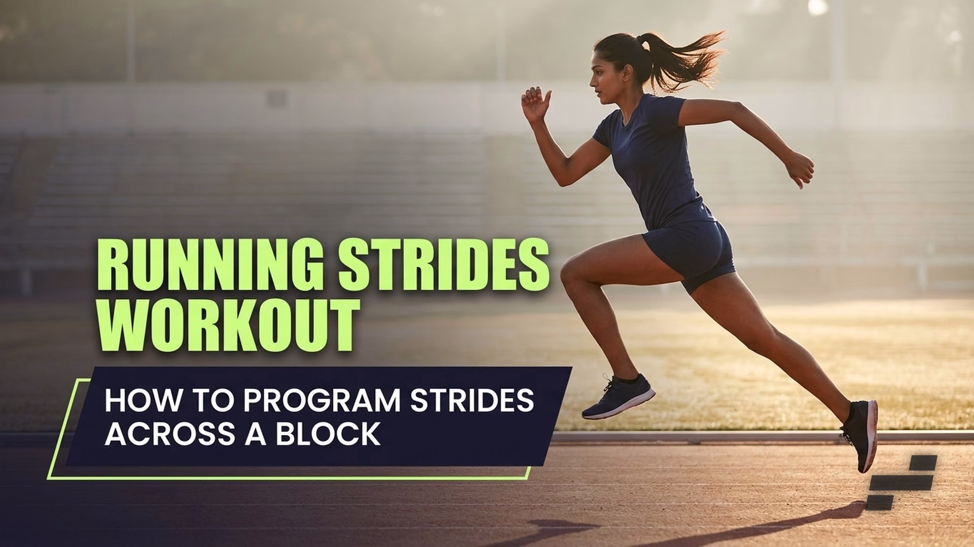 Runner performing a running strides workout on a track at sunrise, article title overlaid