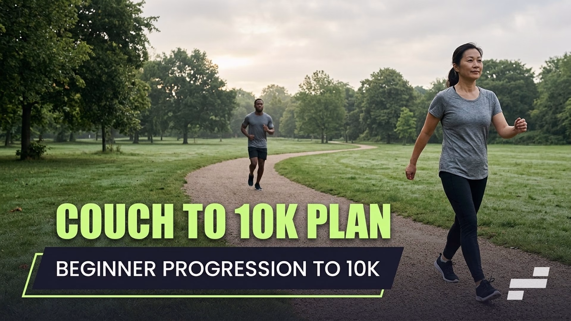 Couch to 10K plan hero image showing a beginner and an experienced runner on the same park path