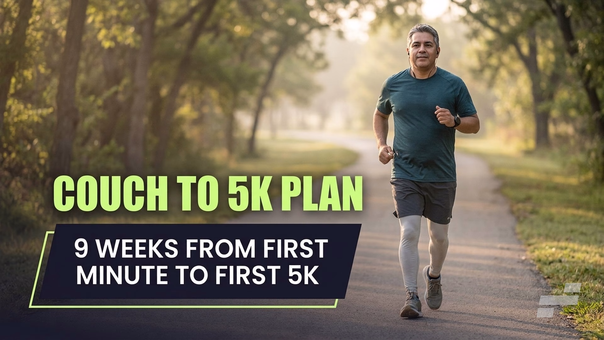 Couch to 5K plan hero image showing a beginner runner on a morning walk break in a park