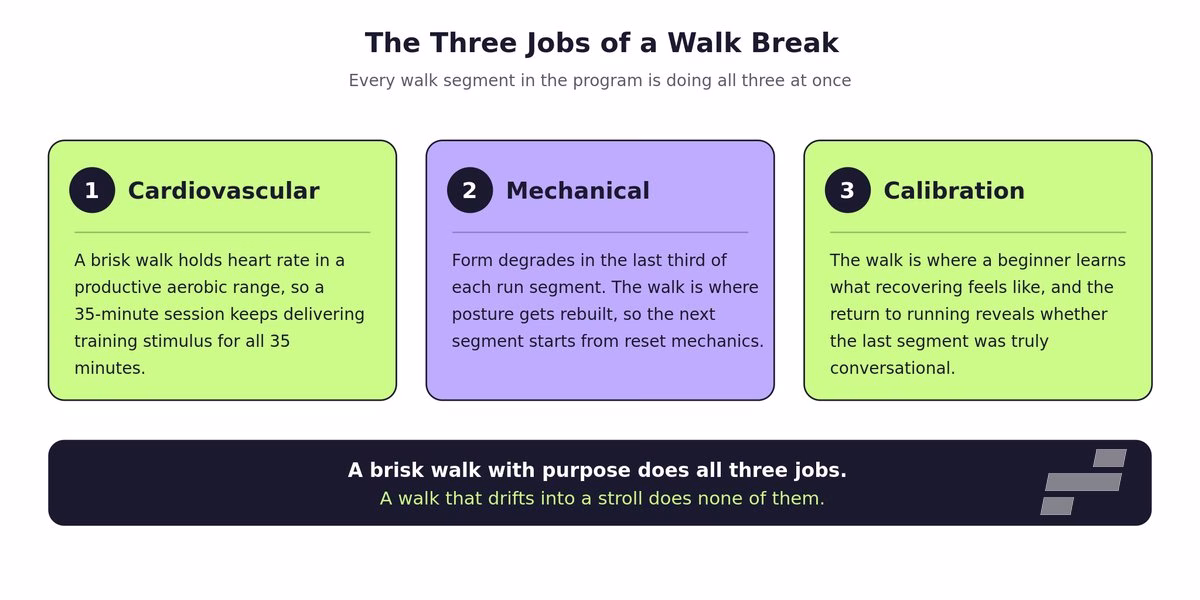 Infographic showing the three jobs of a walk break in a beginner running plan: cardiovascular, mechanical form reset, and effort calibration